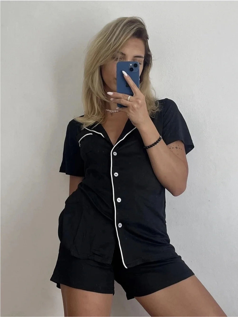 Black Short-Sleeve Pajama Set with Contrast Piping